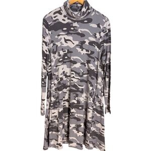 Mudpie Camouflage Print Turtleneck Swing Dress Gray White Black Long Sleeve